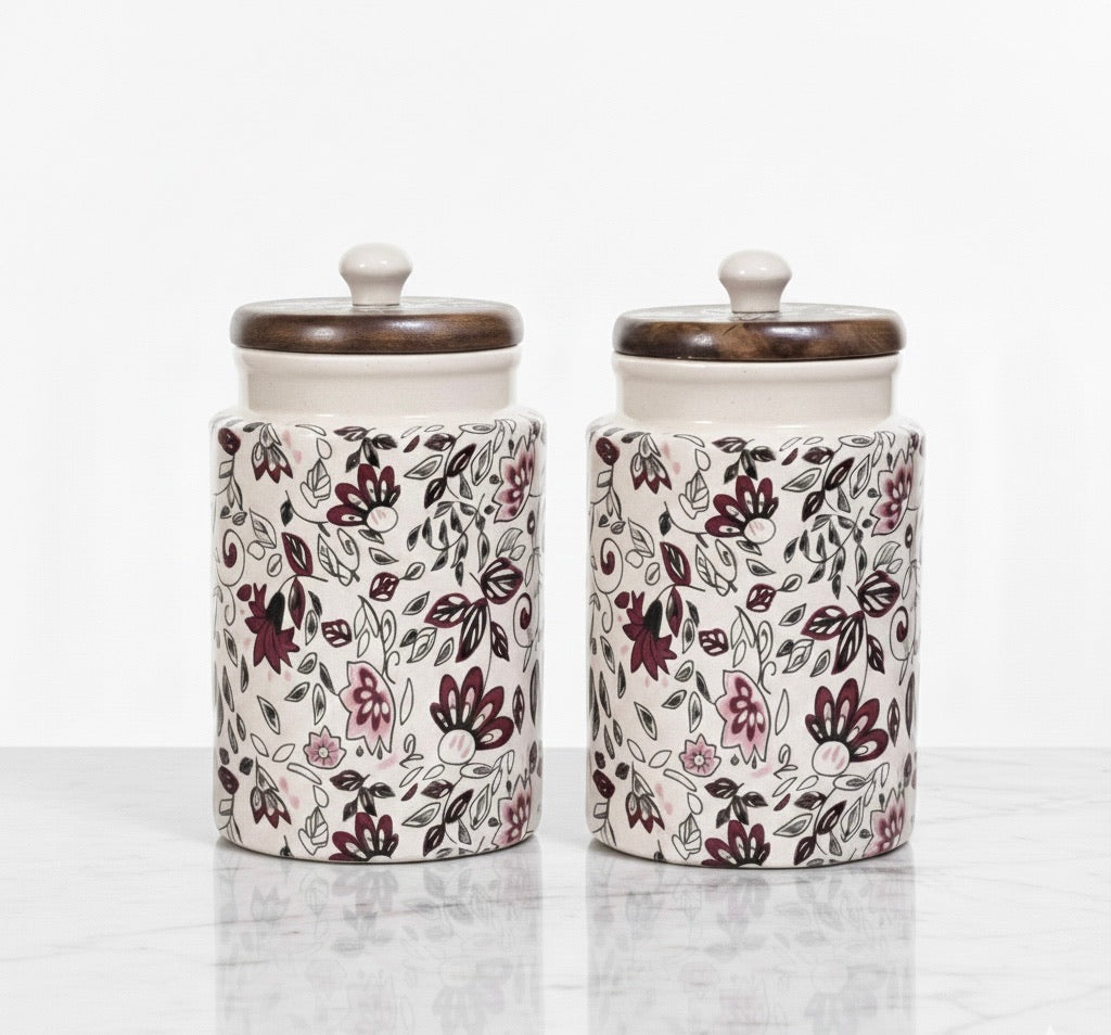 Handcrafted Floral Ceramic Storage Jars with Wooden Lid – Set of 2