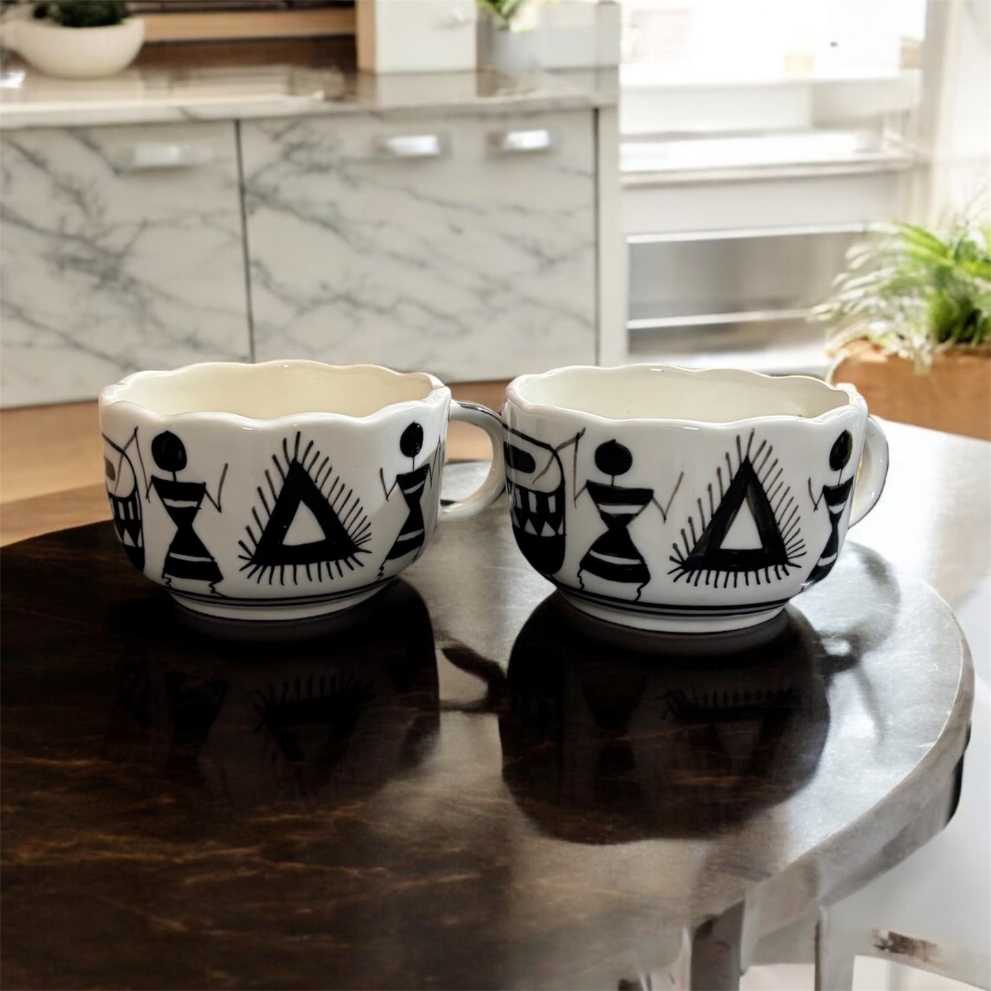 SOULCRAFTZ Ceramic Soup Bowl Set, Set of 2, 450ml | Soup Mug | Soup Cup | Soup Set | Glossy Finish | Soup Bowls Ceramic | Microwave Safe (Soup Cup Set of 2 -Worli Art, White Black)