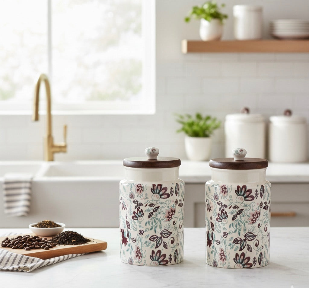 Handcrafted Floral Ceramic Storage Jars with Wooden Lid – Set of 2