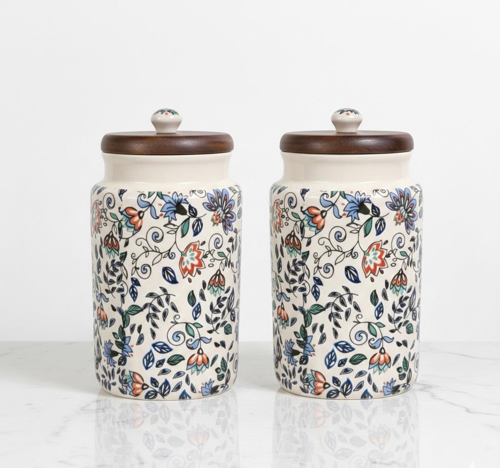 Handcrafted Floral Ceramic Storage Jars with Wooden Lid – Set of 2