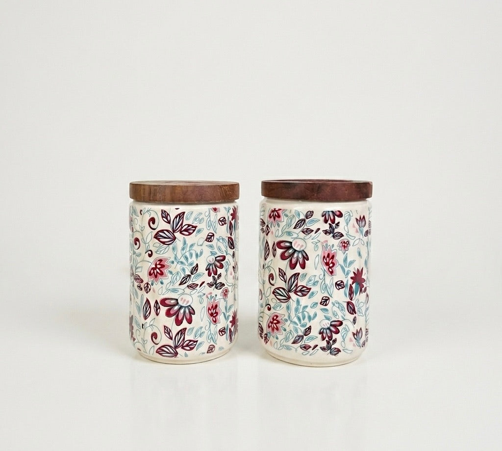 Elegant Floral Ceramic Storage Jars with Wooden Lid – Set of 2