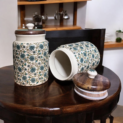 SOULCRAFTZ Handcrafted Ceramic Jars with Airtight Wooden Lid | Kitchen Storage | Multipurpose Barni | Pickle jar Storage Container | Dining Table Container | 900ML | Matte Finish | Floral Pattern| Set of 2