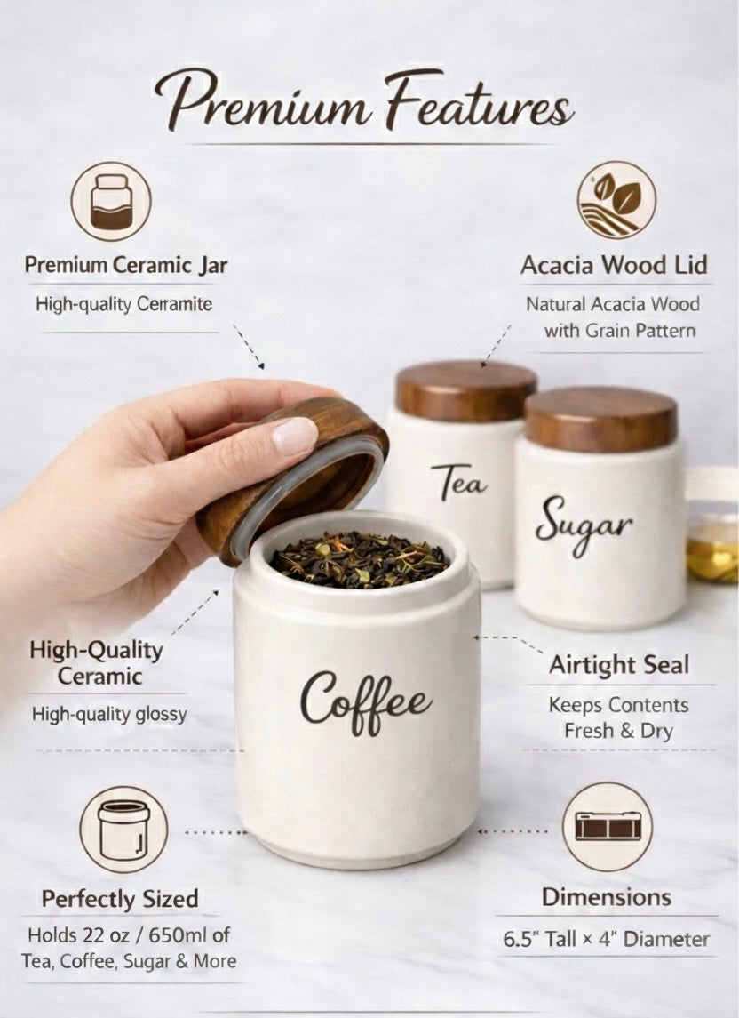 Ceramic Kitchen Canister Set with Acacia Wood Lids – Coffee & Sugar Storage Jars (Set of 2, Round)