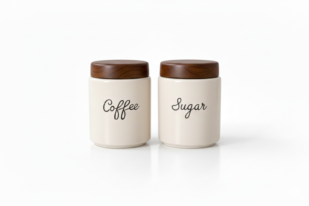 Ceramic Kitchen Canister Set with Acacia Wood Lids – Coffee & Sugar Storage Jars (Set of 2, Round)