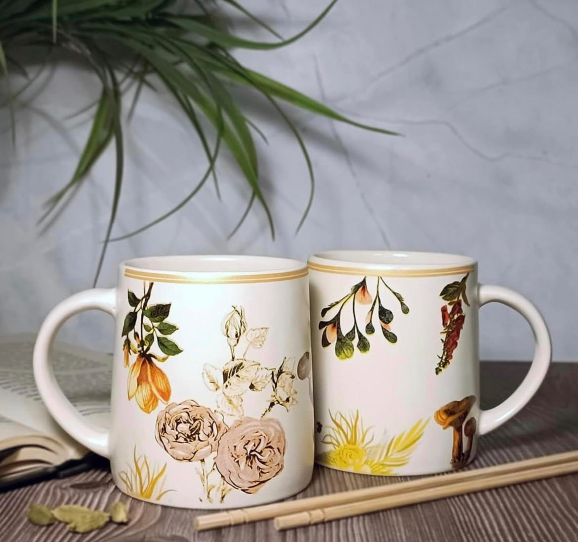 SOULCRAFTZ Floral Edition Coffee & Tea Mugs With Modern Art Work Of Floral Print, Set Of 2 (White, 250ml)