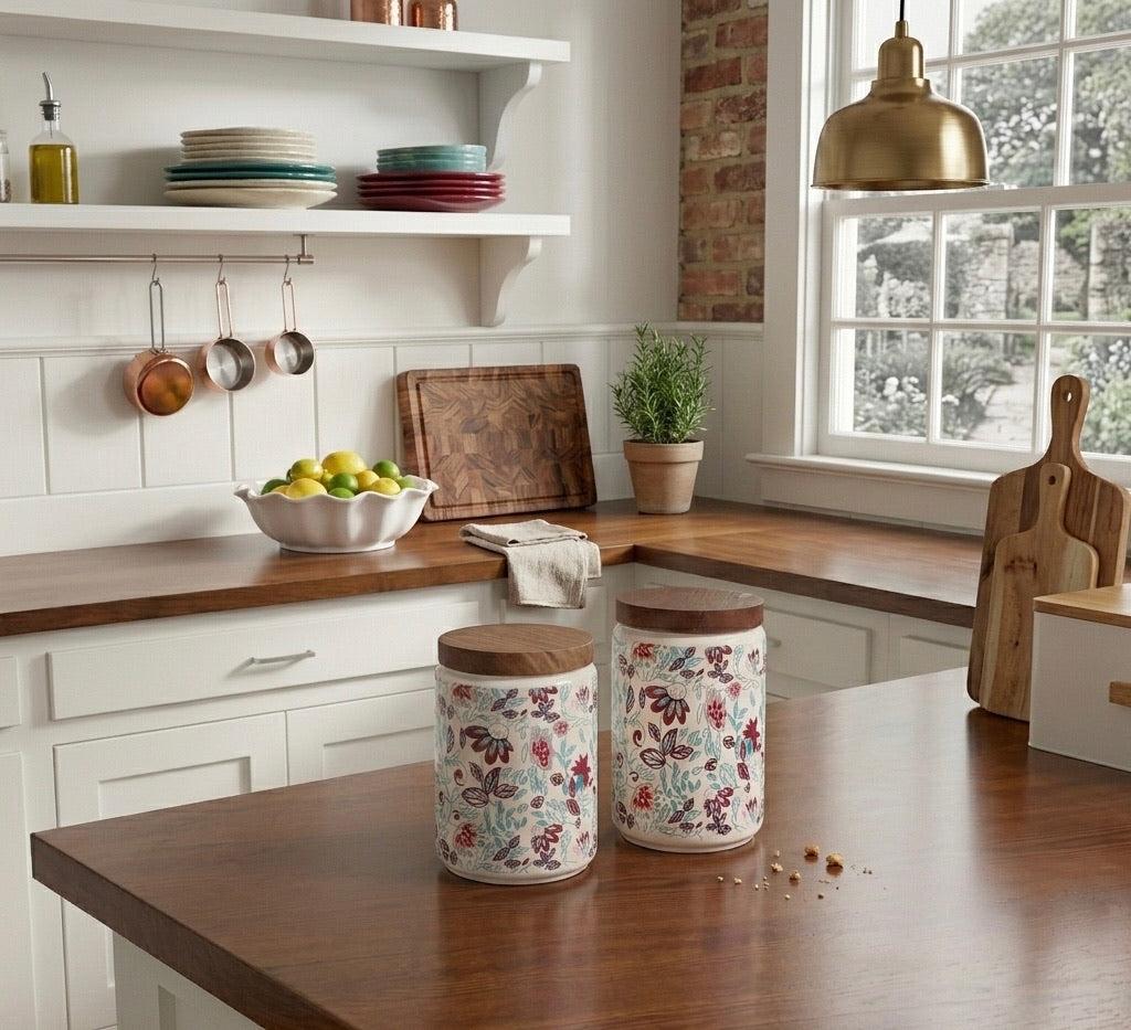 Elegant Floral Ceramic Storage Jars with Wooden Lid – Set of 2