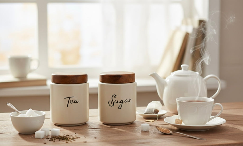 Ceramic Kitchen Canister Set with Acacia Wood Lids – Tea & Sugar Storage Jars (Set of 2, Round)