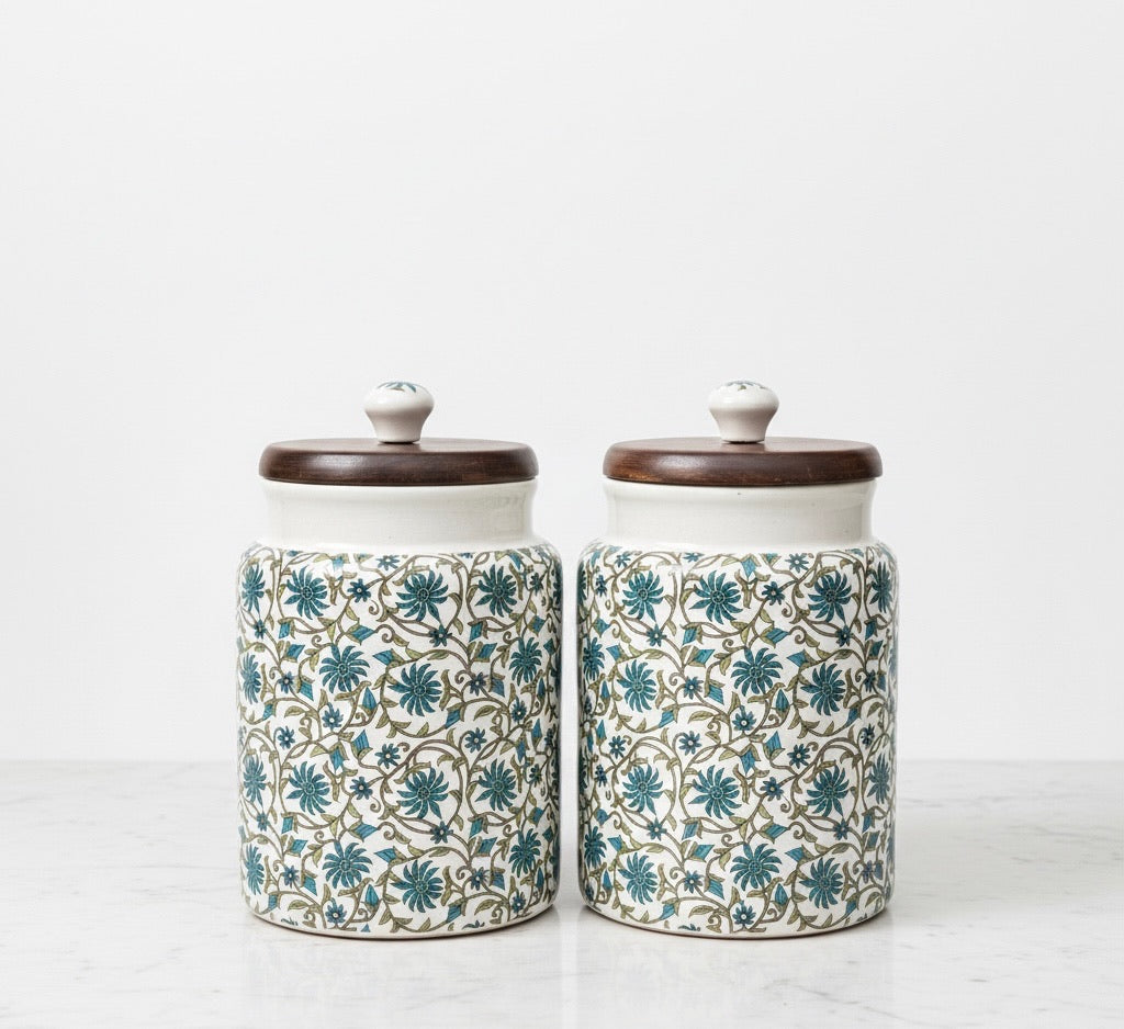 Handcrafted Floral Ceramic Storage Jars with Wooden Lid – Set of 2