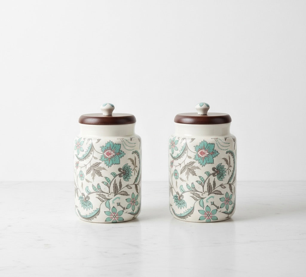 Handcrafted Floral Ceramic Storage Jars with Wooden Lid – Set of 2