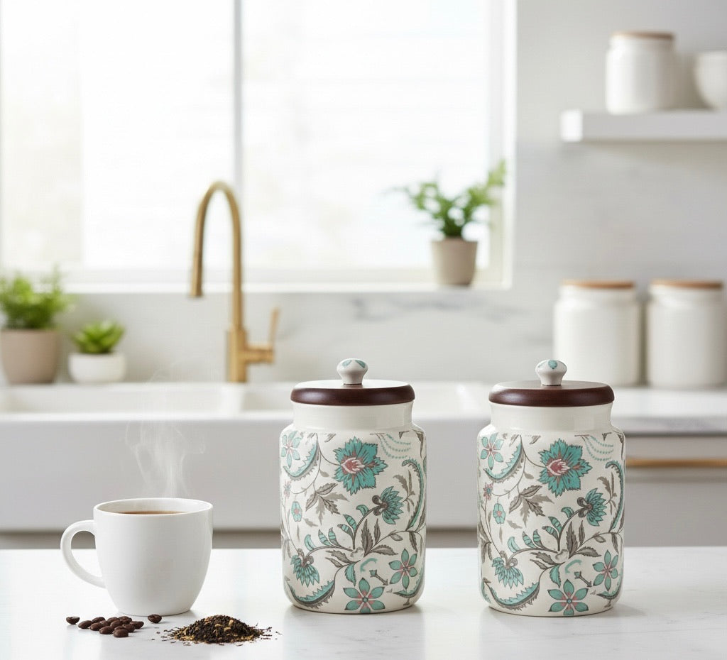 Handcrafted Floral Ceramic Storage Jars with Wooden Lid – Set of 2