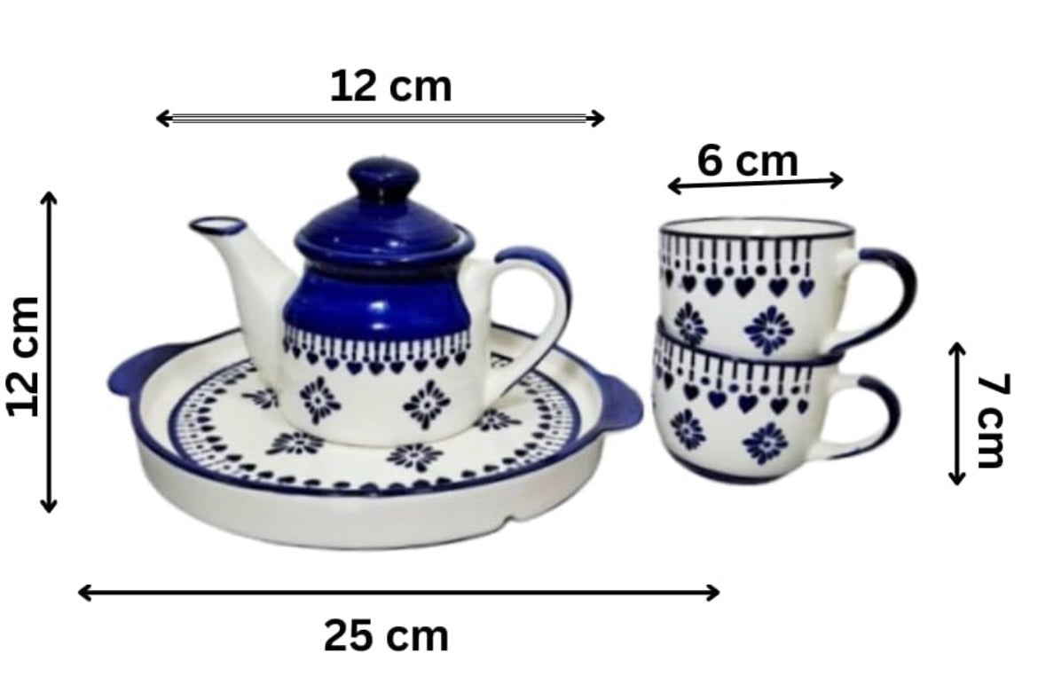 SOULCRAFTZ Hand Painted Fringe Design Ceramic Tea Kettle Set with 2 Cups(150ml), 1 Kettle(400ml)& 1 Tray/Ceramic Good Morning Set- Set of 4, Colour-Blue,Microwave Safe