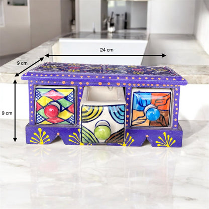 SOULCRAFTZ Handpainted Wooden Multipurpose Jewelry Chest with Ceramic Drawers and Knobs | Decorative Handcrafted Hand-Painted Wooden Ceramic Slide Drawer Box