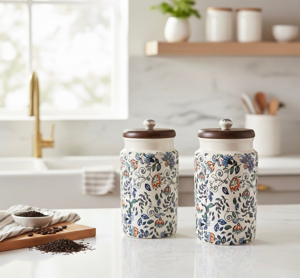 Handcrafted Floral Ceramic Storage Jars with Wooden Lid – Set of 2