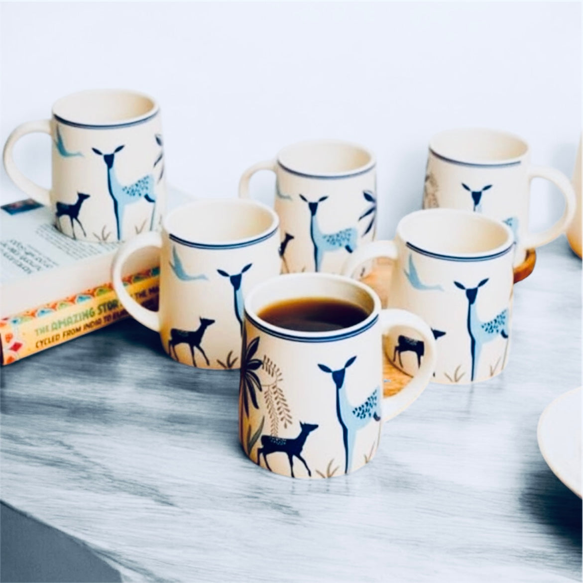 SOULCRAFTZ Adventure Edition Coffee & Tea Mugs With Modern Art Work Of Alive Deer And Floral Print, Set Of 2 (White, 250ml)