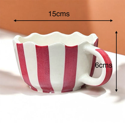 SOULCRAFTZ Christmas Red Strip Painted Broad Soup Bowl,Ceramic Coffee Broad Mugs & Cups,Christmas Mugs for Gifting (Pack of 2, 330ml, White)