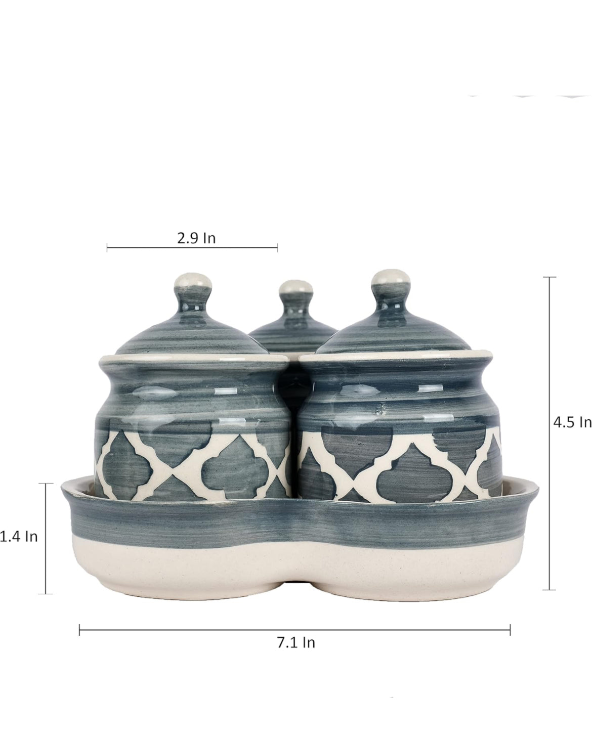 SOULCRAFTZ Ceramic Pickle Serving Jar Set with Tray | Condiment Set | Masala Container | Pickle and Chutney Jar Set for Dining Table, 200ML Set of 3