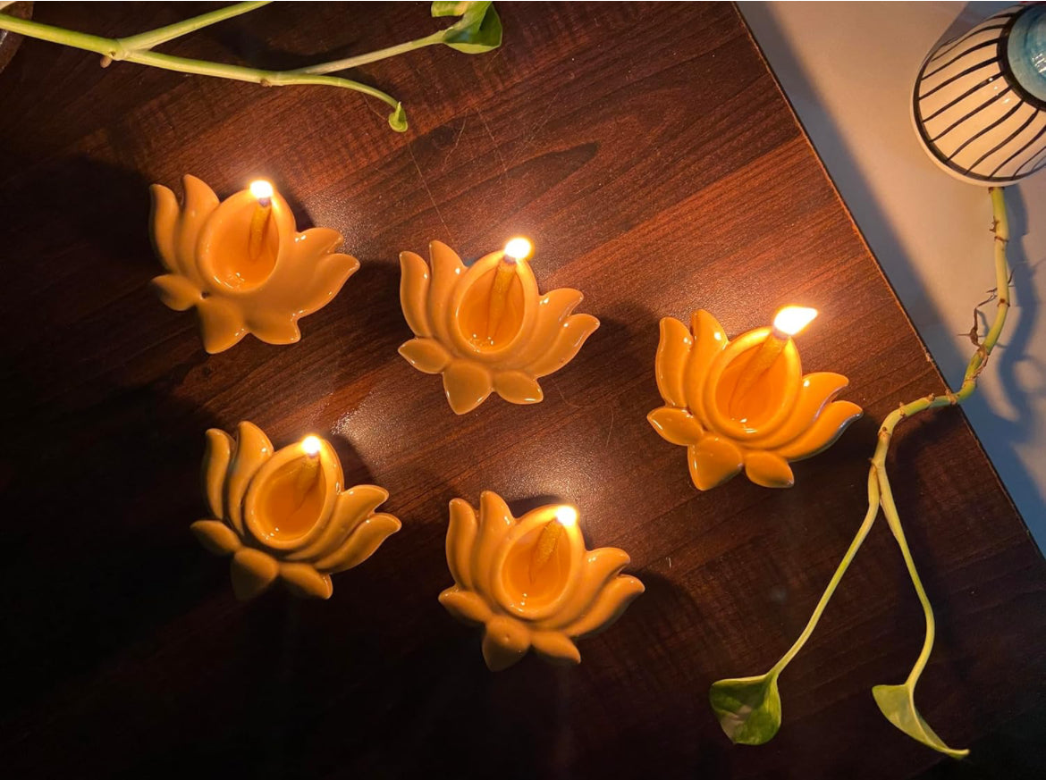 SOULCRAFTZ Ceramic Lotus Shape Diya/Deepak Oil Lamp for Home Temple Puja Articles Decor Gifts Set of 4 Random Colour