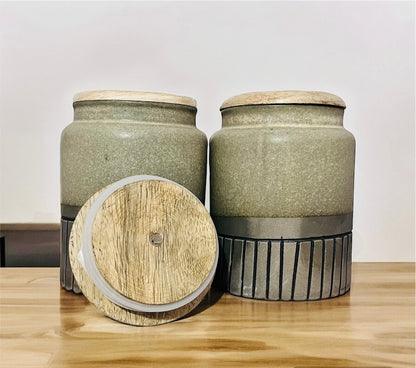 SOULCRAFTZ Ceramic Jars with Airtight Wooden Lid | Kitchen Storage | Multipurpose Barni | Pickle jar Storage Container | Dining Table Container | 750ML | Set of 2 Dual Tone