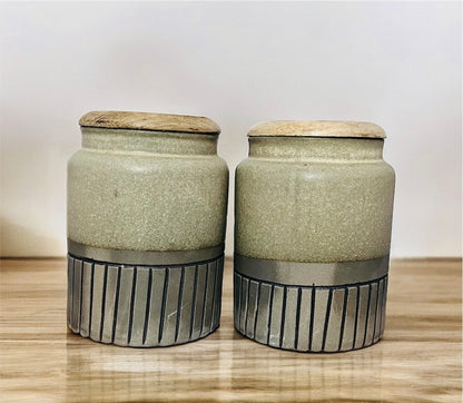 SOULCRAFTZ Ceramic Jars with Airtight Wooden Lid | Kitchen Storage | Multipurpose Barni | Pickle jar Storage Container | Dining Table Container | 750ML | Set of 2 Dual Tone