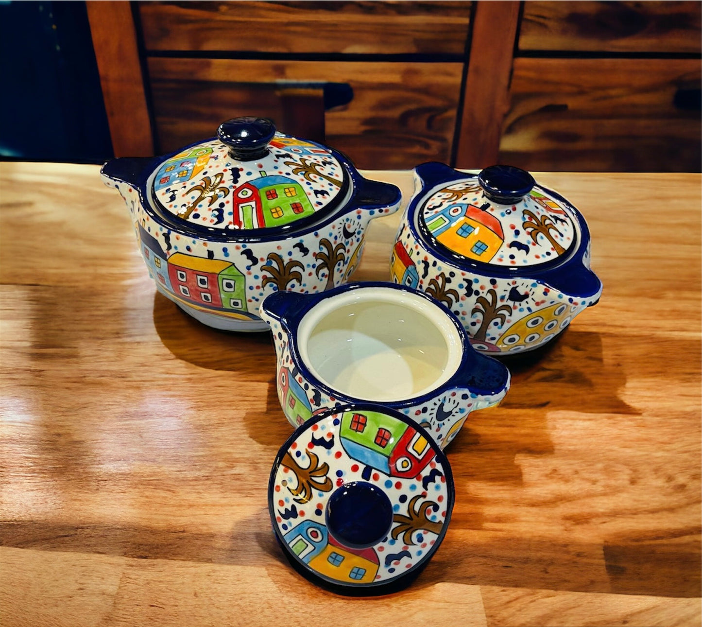 SOULCRAFTZ Ceramic Handmade White Hut Style Painted Serving Donga/Casserole with lid (Set of 3, 1 Large, 1 Medium, 1 Small)