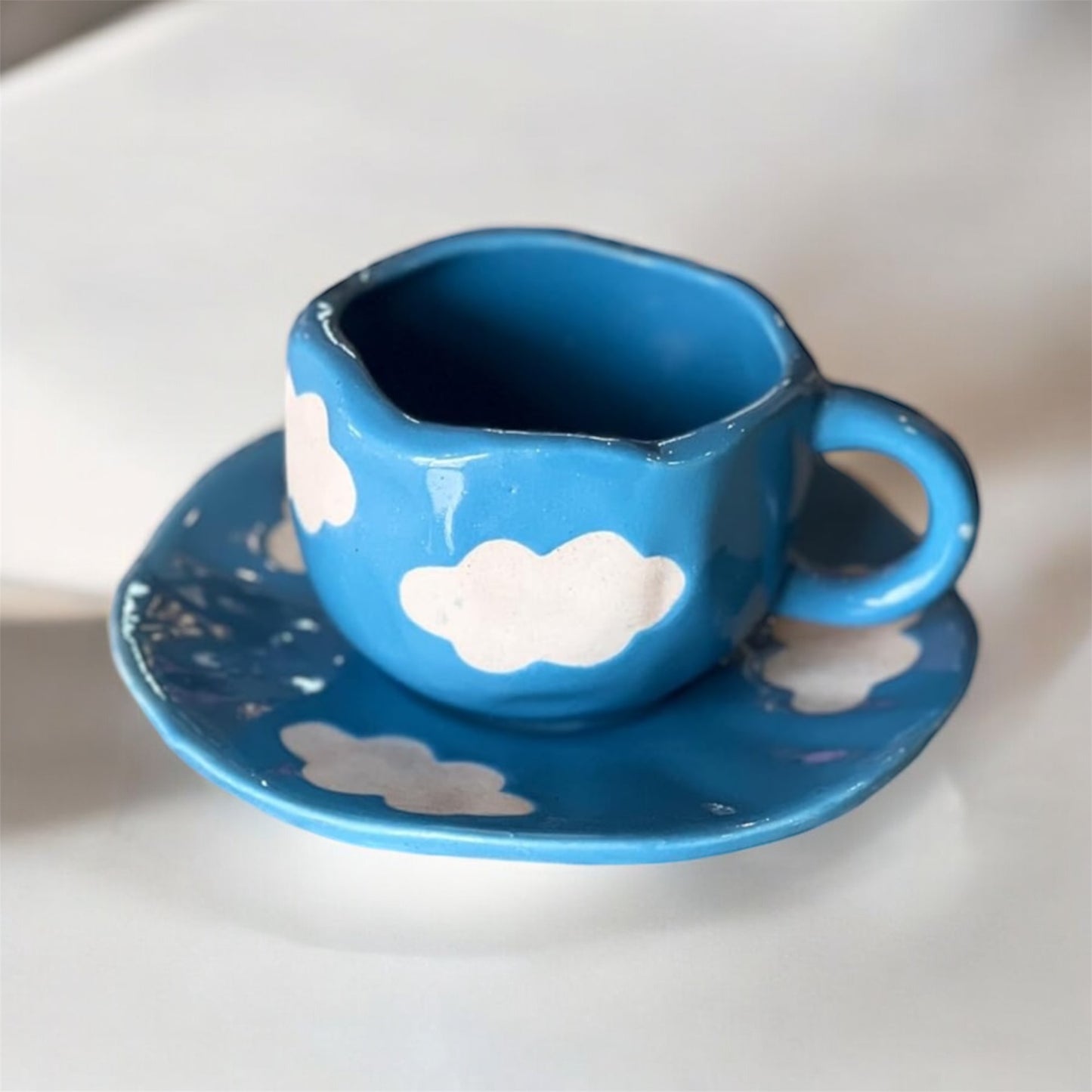 SOULCRAFTZ Handcrafted Ceramic Blue Cloud Mug with Desert Plate | Cloud Design | Perfect Addition to Any Coffee or Tea Lover's Collection | Microwave, Dishwasher and Food Safe | 250ml