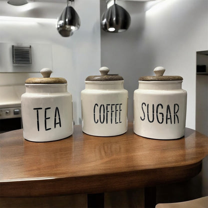 SOULCRAFTZ Ceramic Tea Coffee Sugar Canister Set of 3 | Ceramic Kitchen Airtight Storage Canister with Airtight Wooden Lid