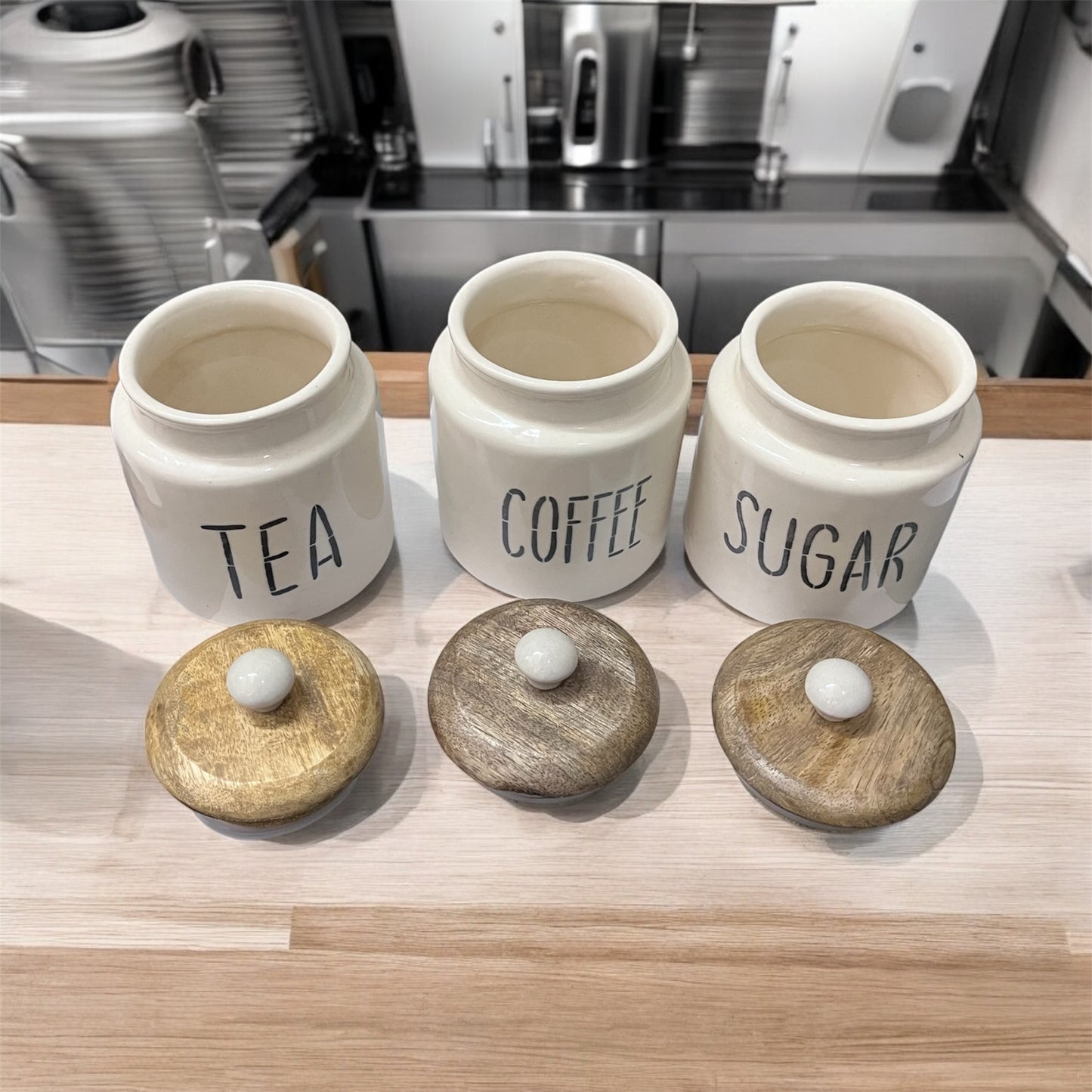 SOULCRAFTZ Ceramic Tea Coffee Sugar Canister Set of 3 | Ceramic Kitchen Airtight Storage Canister with Airtight Wooden Lid