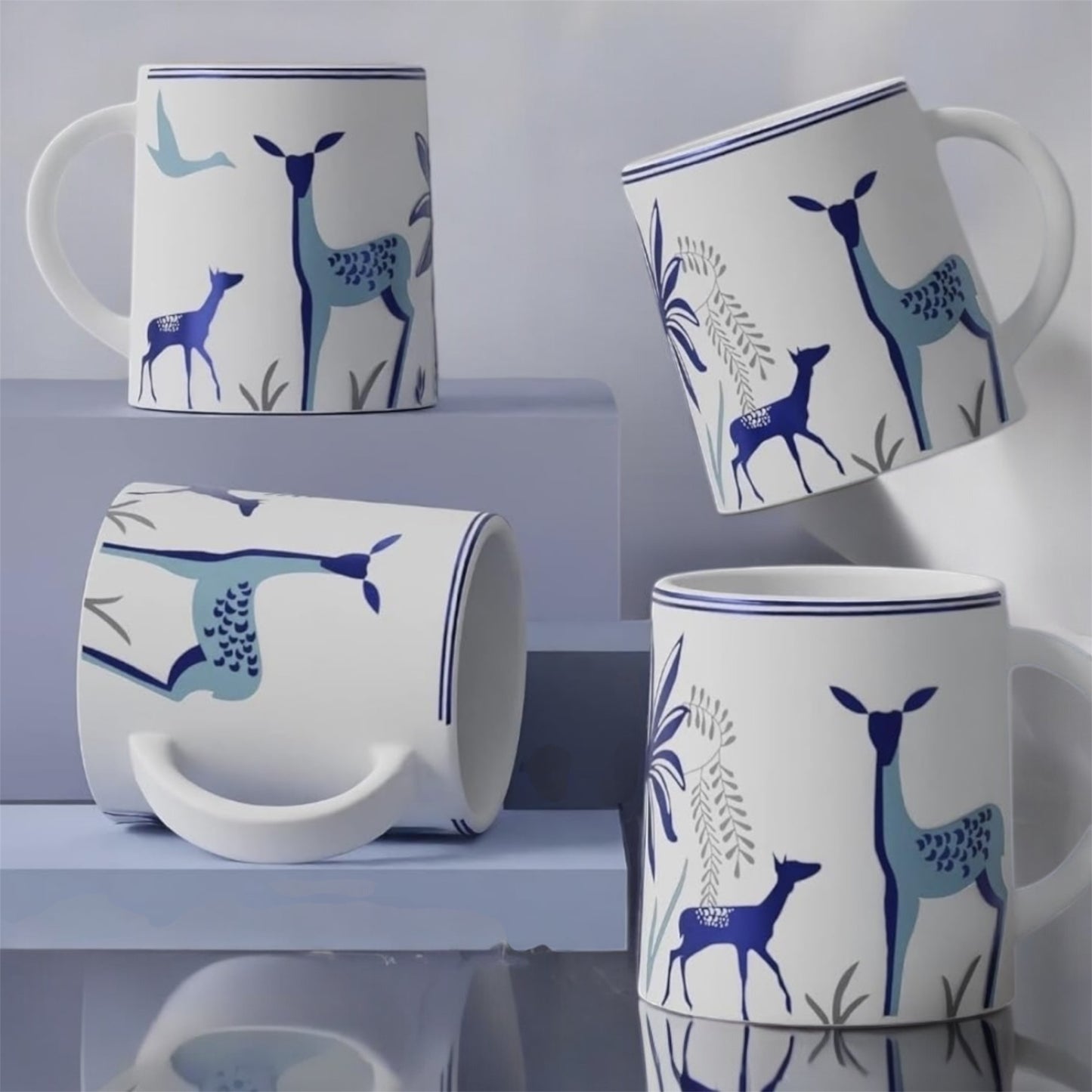 SOULCRAFTZ Adventure Edition Coffee & Tea Mugs With Modern Art Work Of Alive Deer And Floral Print, Set Of 2 (White, 250ml)