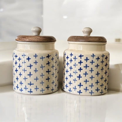 SOULCRAFTZ Handpainted Ceramic Jars with Airtight Wooden Lid | Kitchen Storage | Multipurpose Barni | Pickle jar Storage Container | Dining Table Container | 4500ML | Set of 2