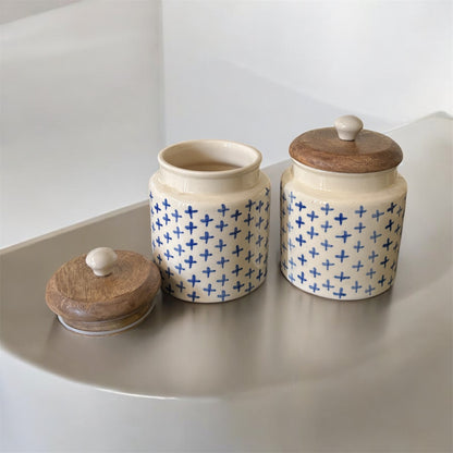 SOULCRAFTZ Handpainted Ceramic Jars with Airtight Wooden Lid | Kitchen Storage | Multipurpose Barni | Pickle jar Storage Container | Dining Table Container | 4500ML | Set of 2