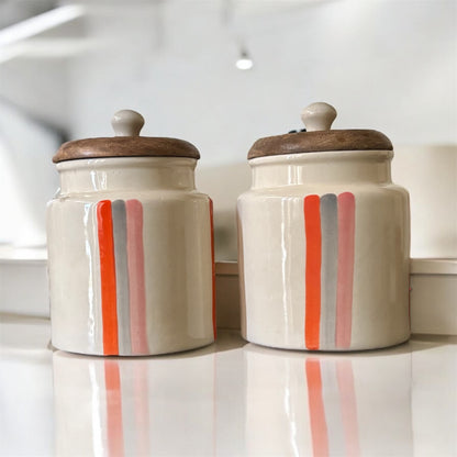 SOULCRAFTZ Handpainted Ceramic Jars with Airtight Wooden Lid | Kitchen Storage | Multipurpose Barni | Pickle jar Storage Container | Dining Table Container | 4500ML | Set of 2