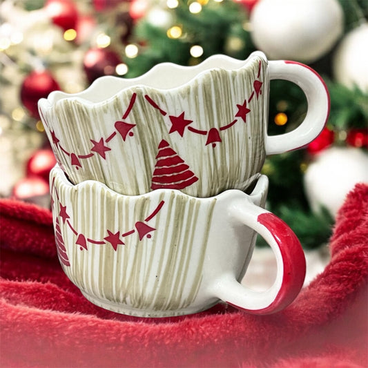 SOULCRAFTZ Christmas Decorative Painted Broad Soup Bowl,Ceramic Coffee Broad Mugs & Cups,Christmas Mugs for Gifting (Pack of 2, 330ml, White)