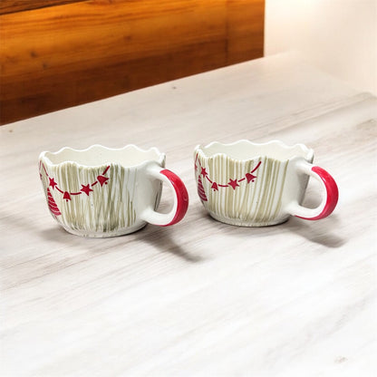 SOULCRAFTZ Christmas Decorative Painted Broad Soup Bowl,Ceramic Coffee Broad Mugs & Cups,Christmas Mugs for Gifting (Pack of 2, 330ml, White)