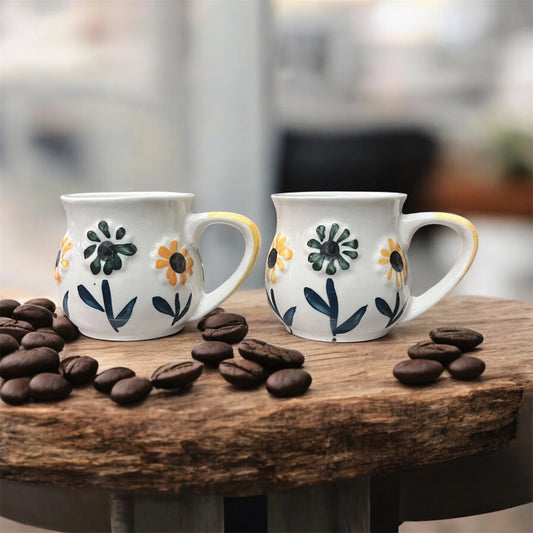 SOULCRAFTZ Ceramic 3D Floral Pattern Mug | Daisy Bloom Design | 250ml Microwave & Dishwasher Safe | Sun Flower | Set of 2