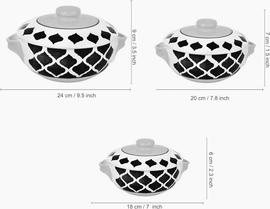 SOULCRAFTZ Ceramic Handmade White Hut Style Painted Serving Donga/Casserole with lid (Set of 3, 1 Large, 1 Medium, 1 Small)