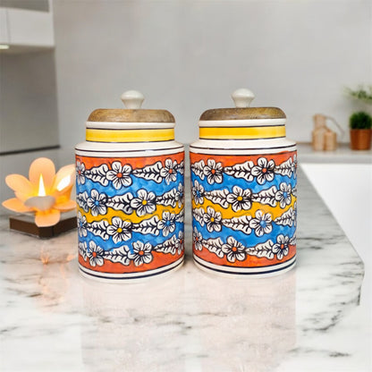 SOULCRAFTZ Handpainted Ceramic Jars with Airtight Wooden Lid | Kitchen Storage | Multipurpose Barni | Pickle jar Storage Container | Dining Table Container | 900ML | Set of 2