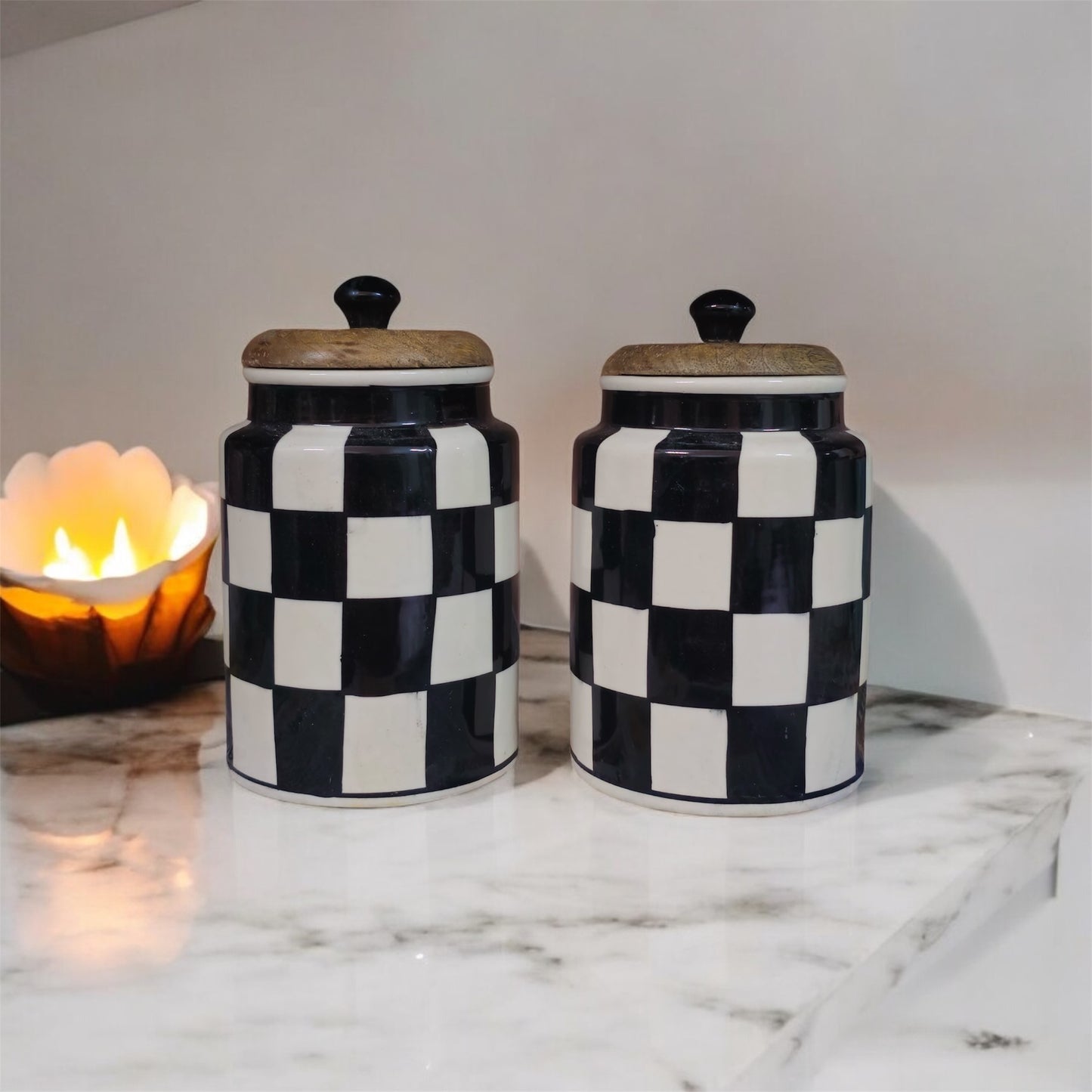 SOULCRAFTZ Handpainted Ceramic Jars with Airtight Wooden Lid | Kitchen Storage | Multipurpose Barni | Pickle jar Storage Container | Dining Table Container | 900ML | Set of 2