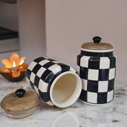 SOULCRAFTZ Handpainted Ceramic Jars with Airtight Wooden Lid | Kitchen Storage | Multipurpose Barni | Pickle jar Storage Container | Dining Table Container | 900ML | Set of 2