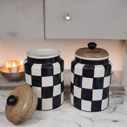 SOULCRAFTZ Handpainted Ceramic Jars with Airtight Wooden Lid | Kitchen Storage | Multipurpose Barni | Pickle jar Storage Container | Dining Table Container | 900ML | Set of 2