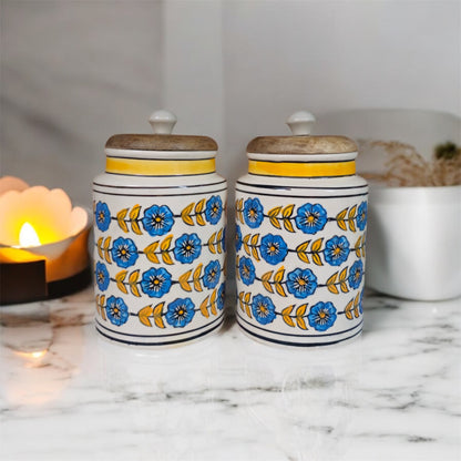 SOULCRAFTZ Handpainted Ceramic Jars with Airtight Wooden Lid | Kitchen Storage | Multipurpose Barni | Pickle jar Storage Container | Dining Table Container | 900ML | Set of 2