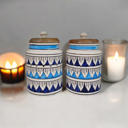 SOULCRAFTZ Handpainted Ceramic Jars with Airtight Wooden Lid | Kitchen Storage | Multipurpose Barni | Pickle jar Storage Container | Dining Table Container | 900ML | Set of 2