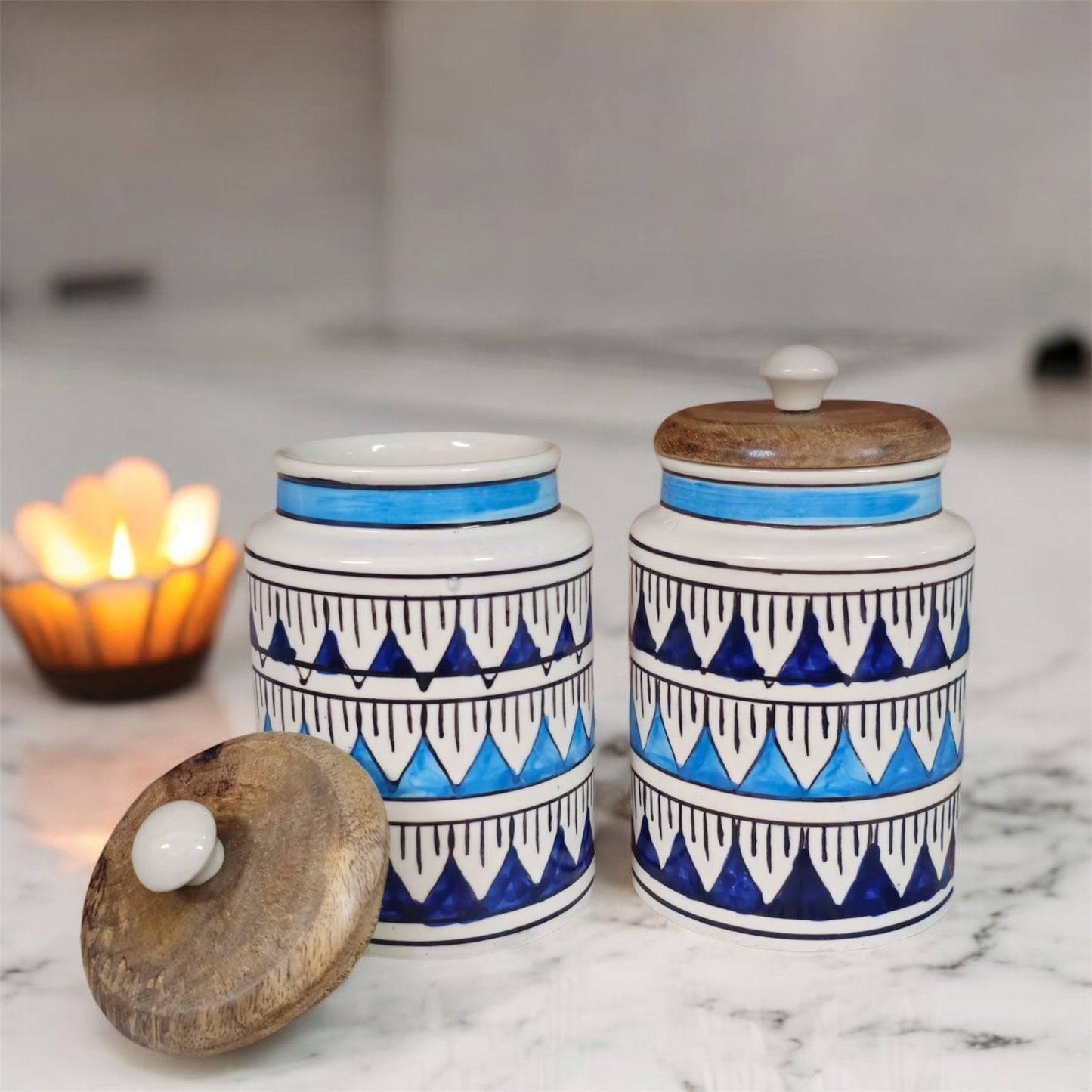 SOULCRAFTZ Handpainted Ceramic Jars with Airtight Wooden Lid | Kitchen Storage | Multipurpose Barni | Pickle jar Storage Container | Dining Table Container | 900ML | Set of 2