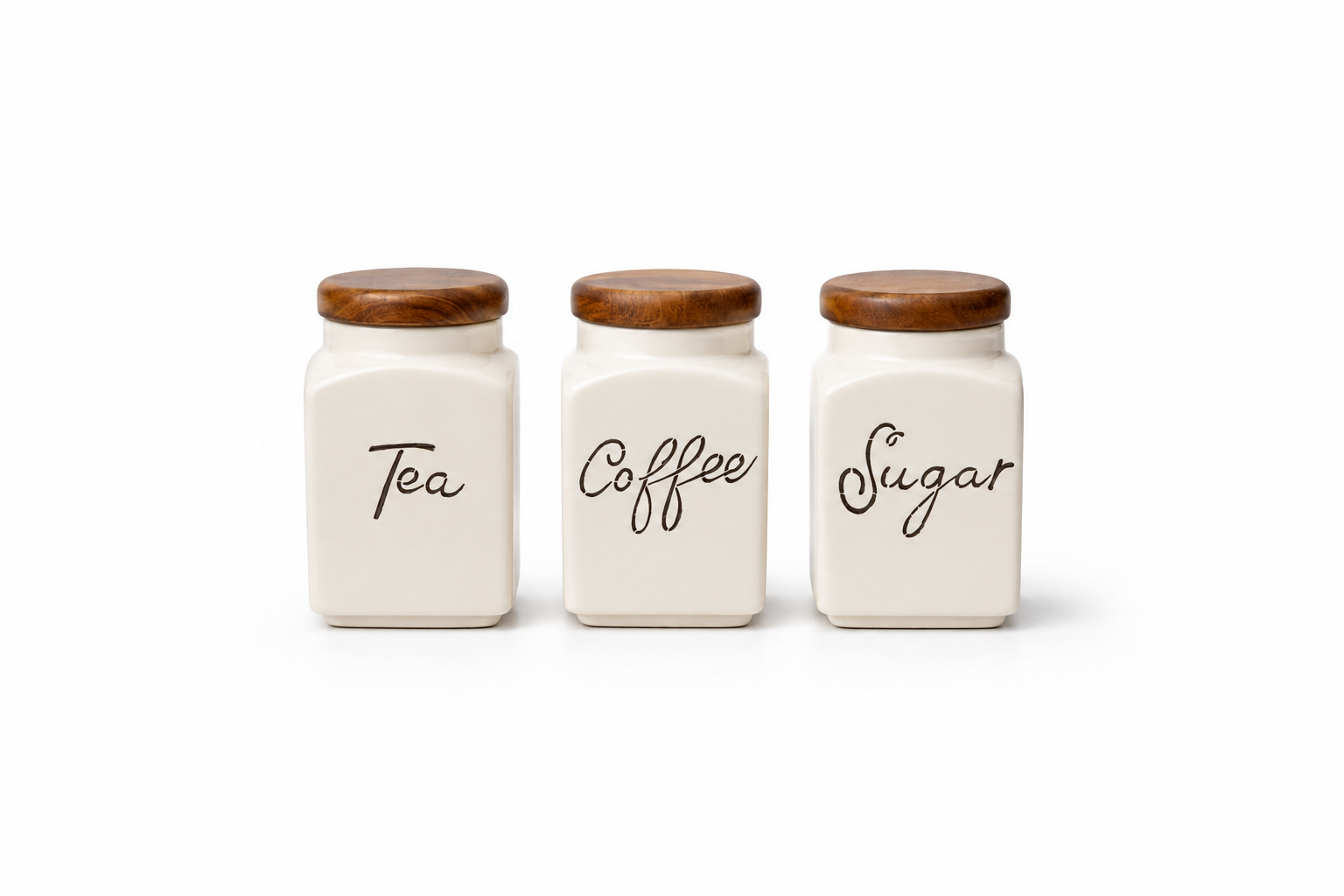 Ceramic Tea Coffee Sugar Canister Set with Wooden Lids