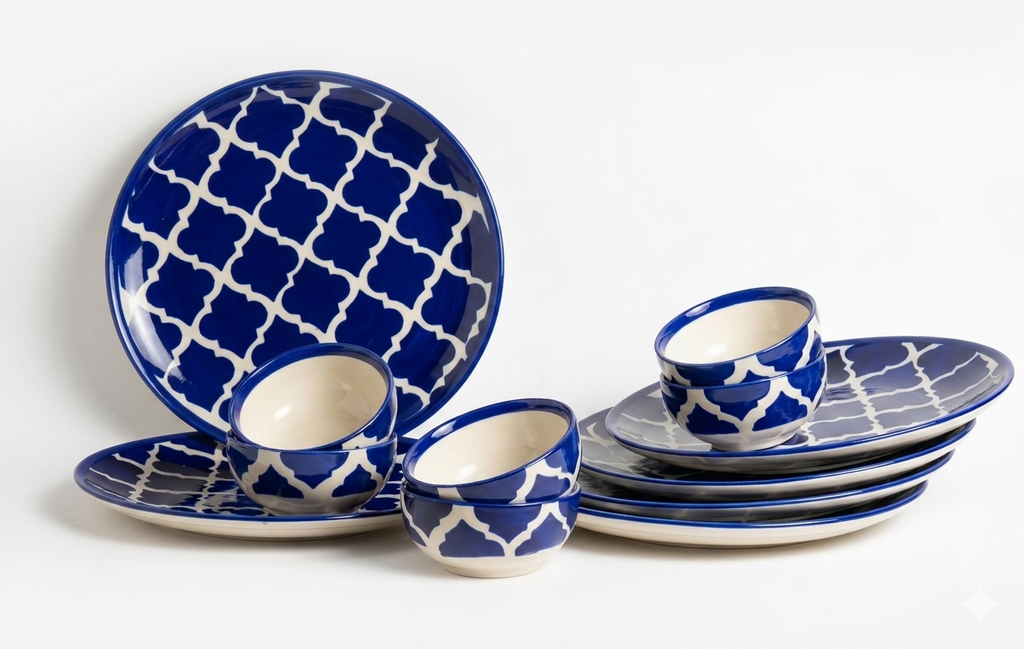 Moroccan Blue & White Hand-Painted Ceramic Dinner Set – 15 Pieces | Microwave & Dishwasher Safe