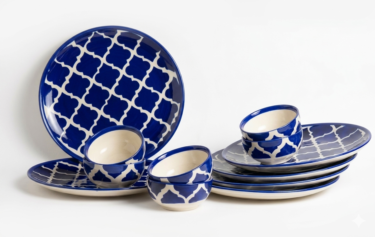Moroccan Blue & White Hand-Painted Ceramic Dinner Set – 15 Pieces | Microwave & Dishwasher Safe