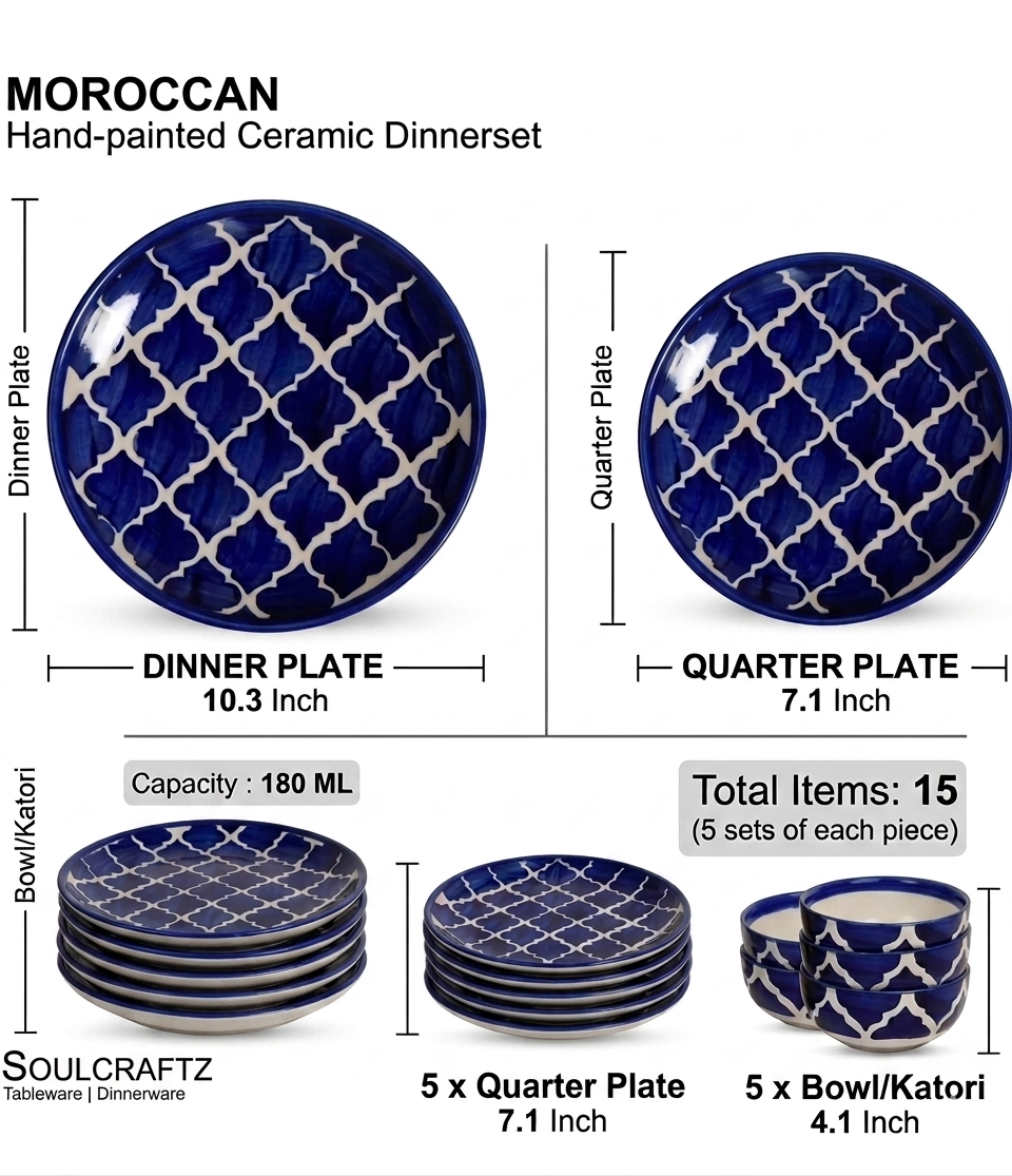 Moroccan Blue & White Hand-Painted Ceramic Dinner Set – 15 Pieces | Microwave & Dishwasher Safe