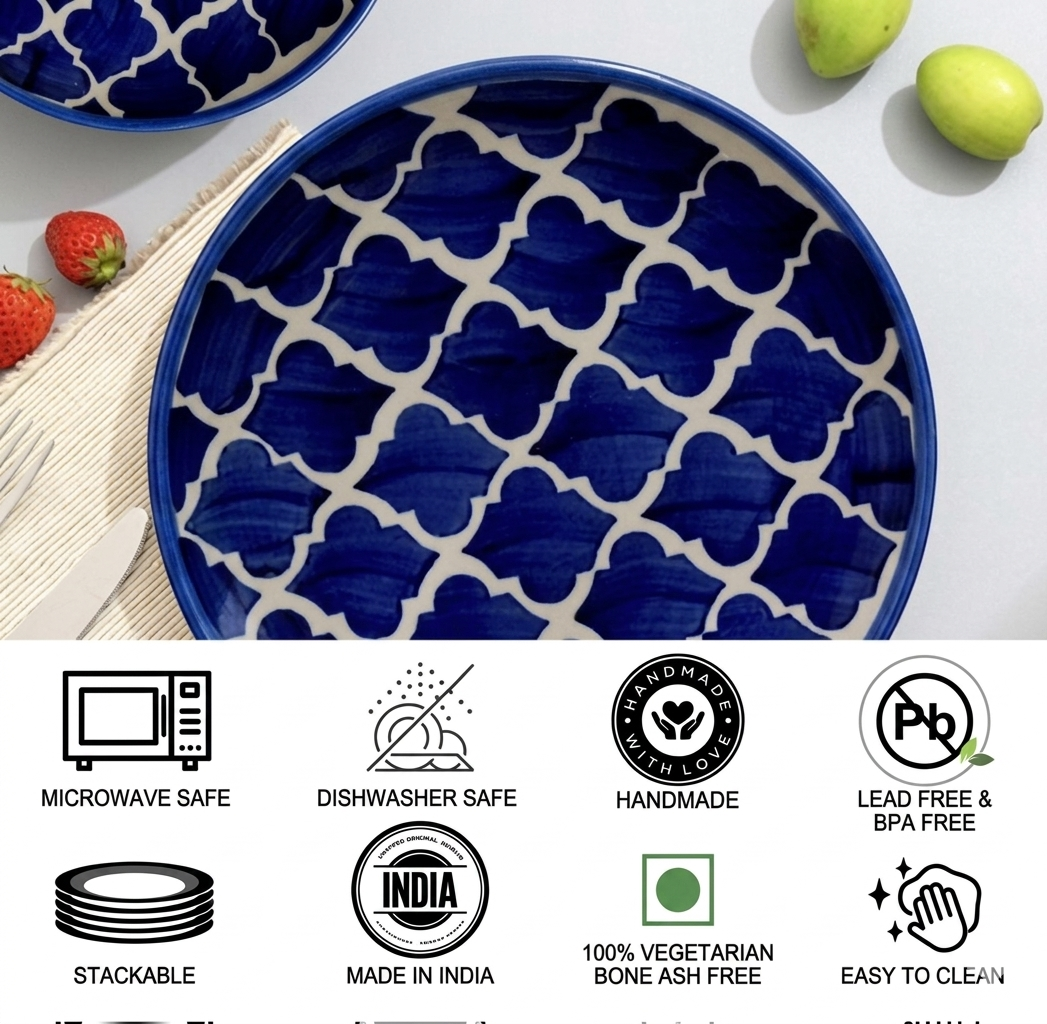 Moroccan Blue & White Hand-Painted Ceramic Dinner Set – 15 Pieces | Microwave & Dishwasher Safe
