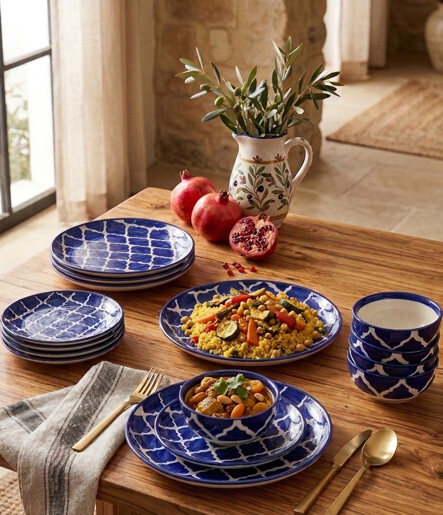 Moroccan Blue & White Hand-Painted Ceramic Dinner Set – 15 Pieces | Microwave & Dishwasher Safe