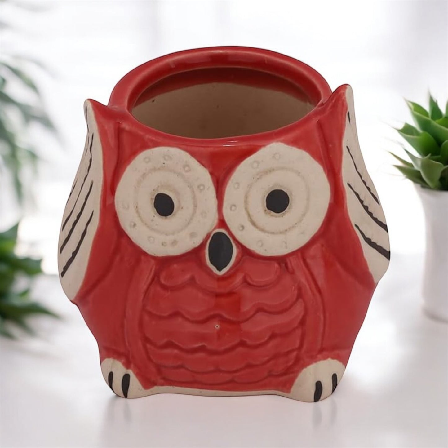 SOULCRAFTZ Owl Design Green Ceramic Pot for Home, Indoor Décor & Gifting (Size: Small plant not included)