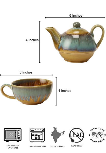 SOULCRAFTZ Ceramic Tea Pot Kettle with Cup Tea Pot Set Studio Pottery Cup 250Ml, Kettle 380 Ml (Set of Single Kettle with Cup (Dual Glazed)